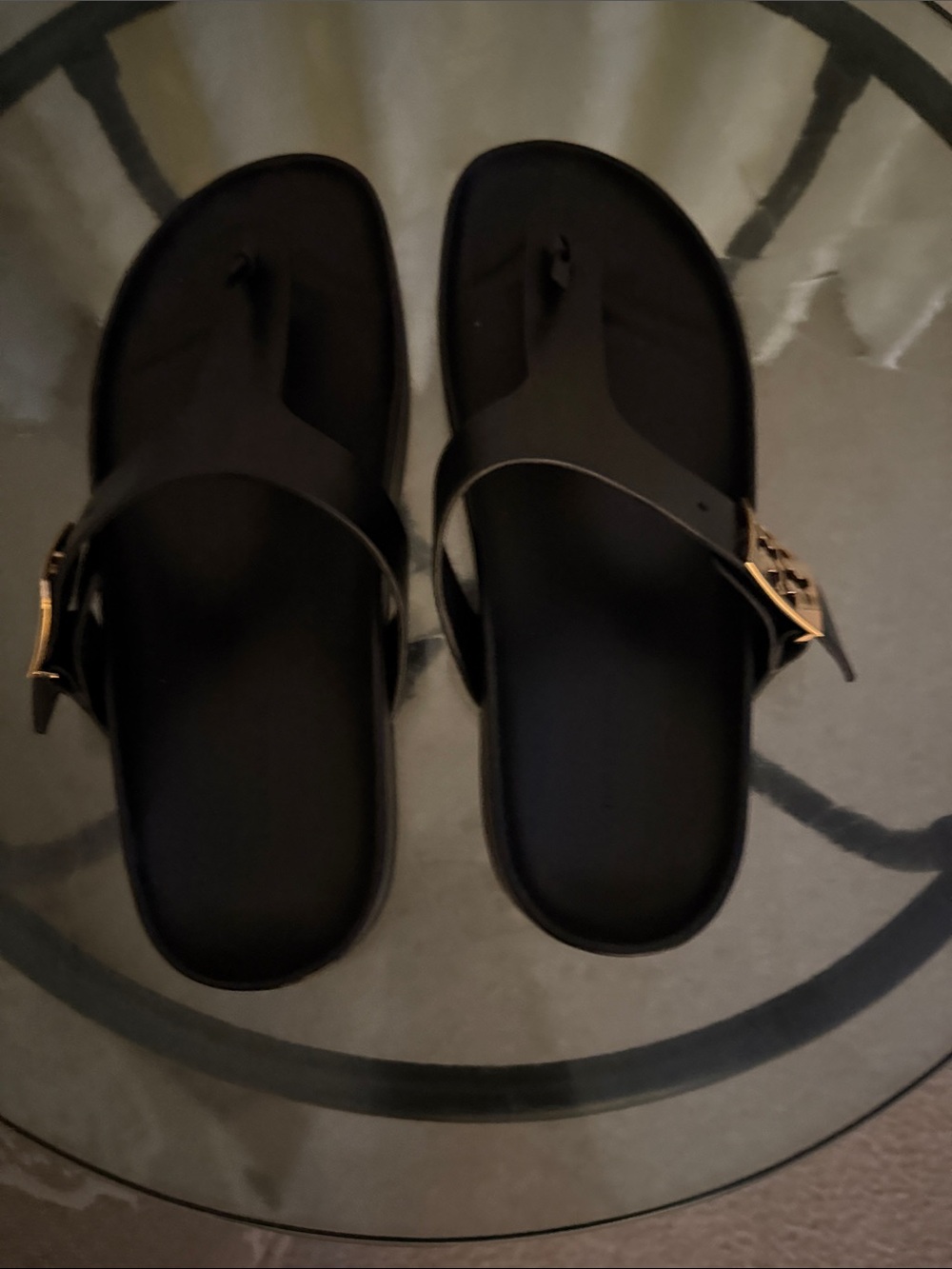 Tory Burch Black Slide Sandals with Gold Logo Buckle Accent
